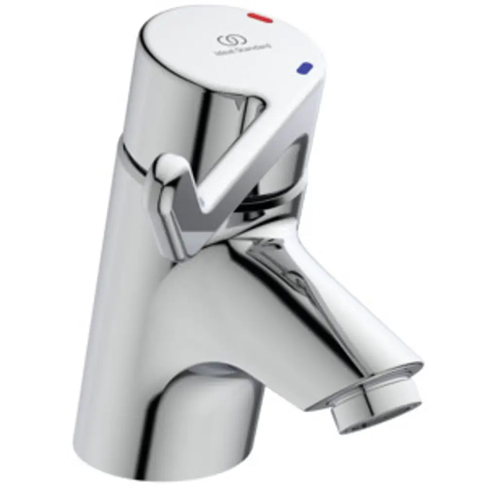 Chromfarbener Wasserhahn mit Bedienhebel von Ideal Standard, geeignet für Bad- oder Küchenanwendungen. Einhebelmischbatterie mit klarer Wasserabgabe.
